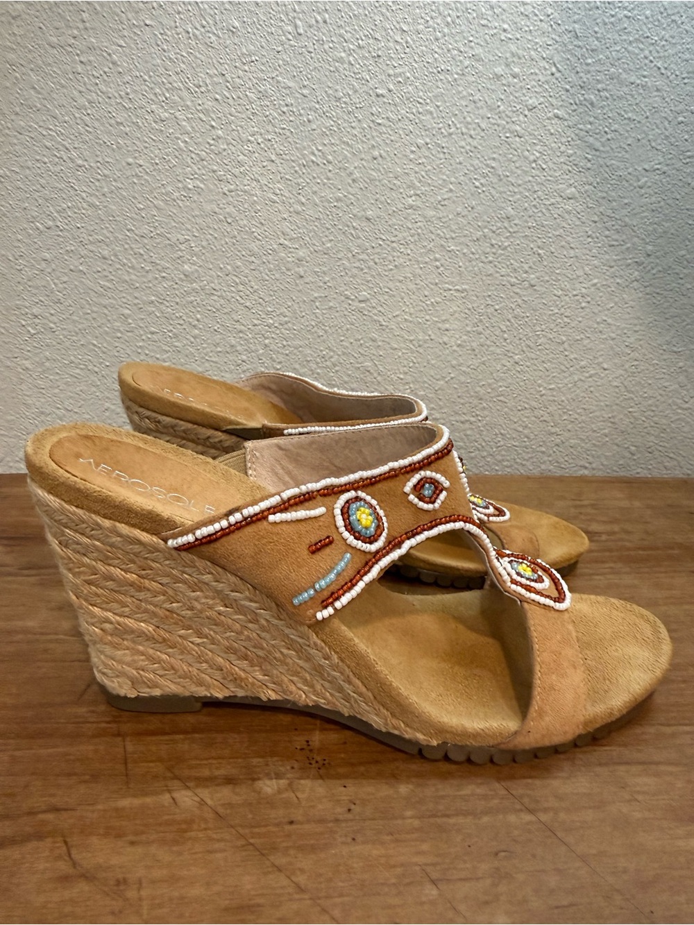 Aerosoles Beaded Espadrille Wedge Sandals Tan Suede Boho Size 7M